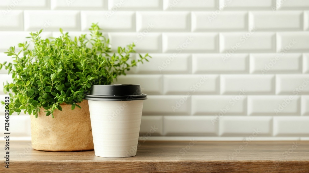 Fresh Plant Next to Coffee Cup on Wooden Table in Bright Space Fresh Plant Next to Coffee Cup on Wooden Table in Bright Space