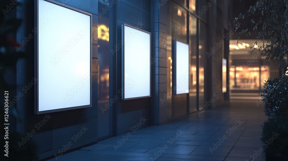 Mockup of Empty Advertising Signage Outside Storefront at Night with Bright Lighting and Modern Urban Design Elements Mockup of Empty Advertising Signage Outside Storefront at Night with Bright Lighting and Modern Urban Design Elements