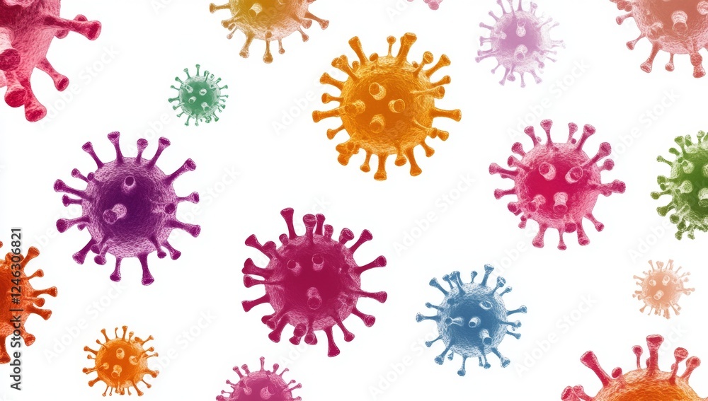 Colorful viruses floating, white background, medical illustration Colorful viruses floating, white background, medical illustration