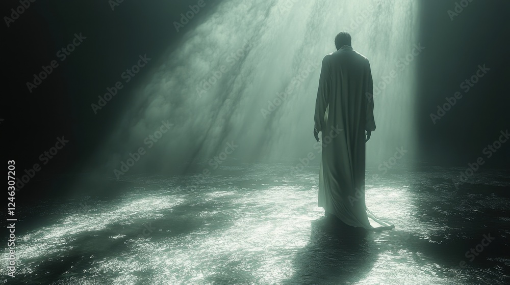 Obraz premium resurrection 3d rendering of a man in a long white robe walking in the light