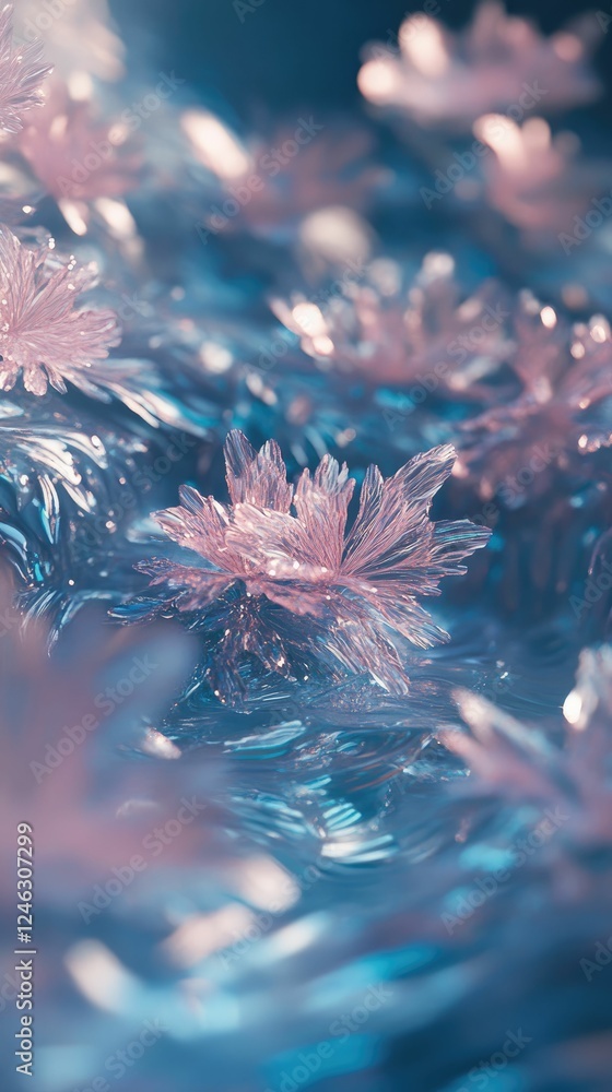 Fototapeta premium Pink translucent flowers on a blue, wavy surface.