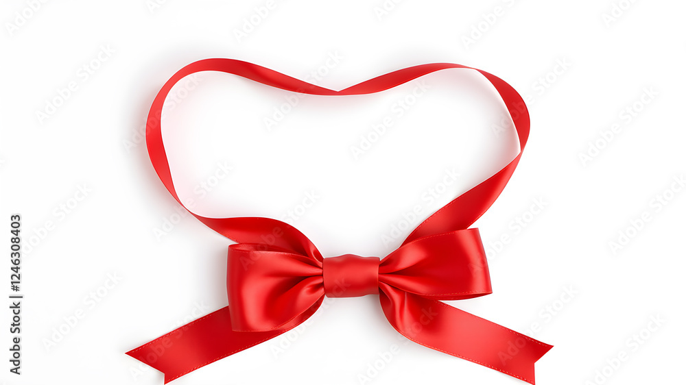 Red satin ribbon with bow isolated on white, top view. Generative AI Red satin ribbon with bow isolated on white, top view. Generative AI