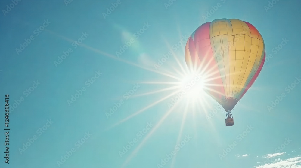 Obraz premium Colorful hot air balloon soaring in a clear blue sky, sun shining brightly behind it.