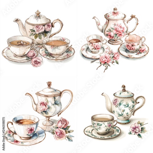 Elegant Chinoiserie Tea Cup Set | Vintage Porcelain Teacup Clipart Vector Illustration