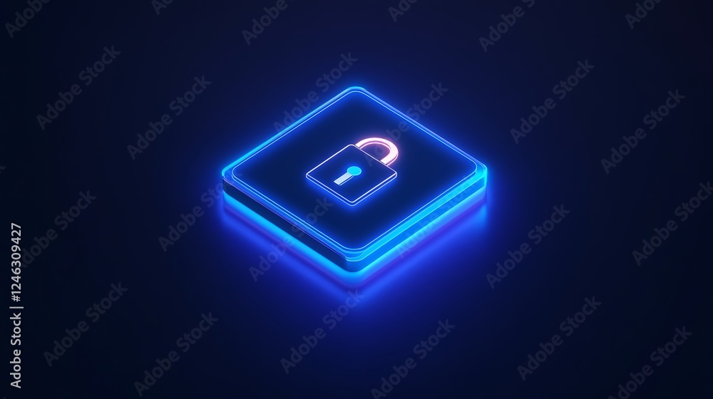 Futuristic glowing padlock icon on dark background representing digital security and privacy technology Futuristic glowing padlock icon on dark background representing digital security and privacy technology