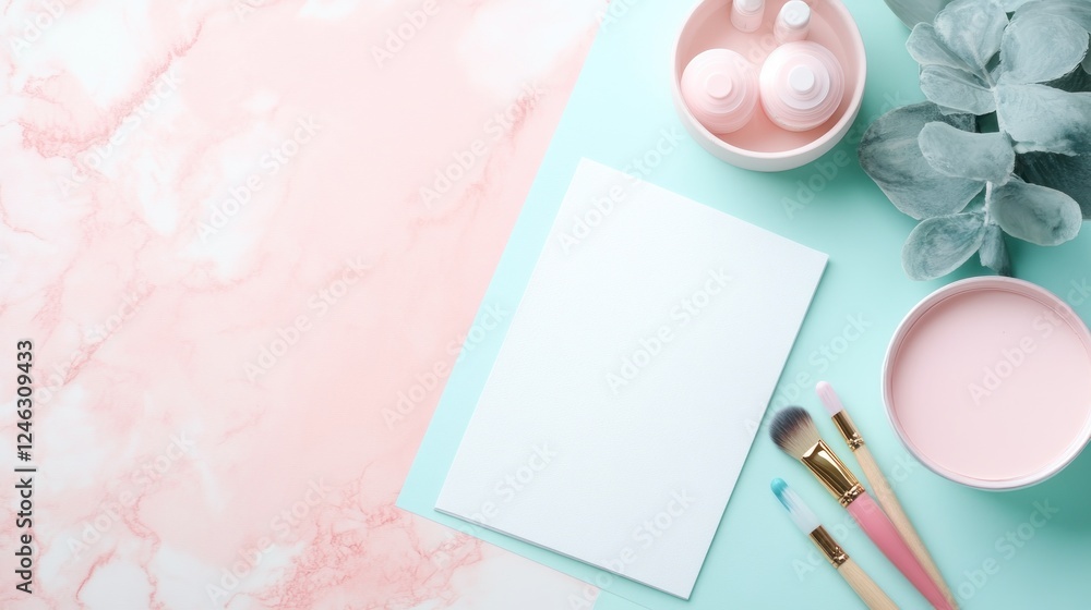 Flat lay of beauty products, blank card, and pastel background. Flat lay of beauty products, blank card, and pastel background.