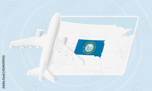 South Dakota Travel Illustration with Plane and National Flag. Airplane Flying Over South Dakota Map.