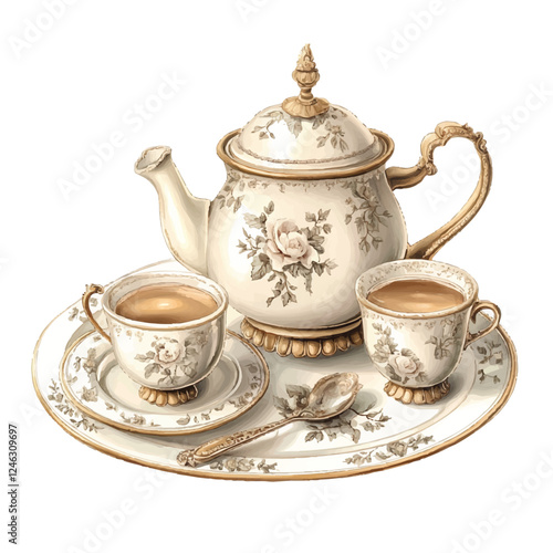 Elegant Chinoiserie Tea Cup Set | Vintage Porcelain Teacup Clipart Vector Illustration