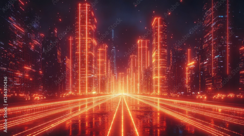Futuristic city at night with glowing neon roads. Futuristic city at night with glowing neon roads.