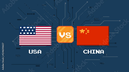 Pixel art.Flag USA and China on Computer Chip . Global chip shortage crisis and China-United States trade war concept.	