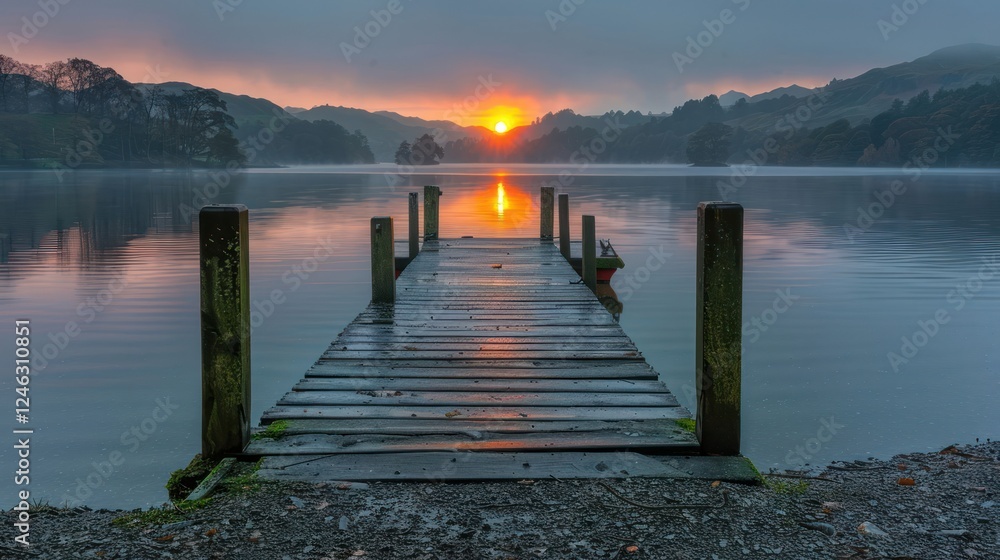 Fototapeta premium Serene sunset over a tranquil lake with a wooden dock leading into the water and hills in background