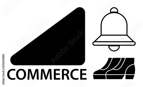 Black and white images include a geometric shopfront icon with word commerce, a bell, and footsteps. Ideal for retail, commerce, shopping, business growth, notification, customer service market