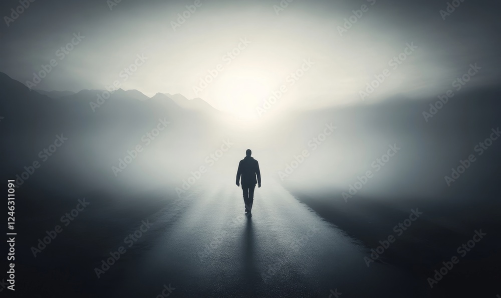 Man walking on foggy road towards light amidst mountains Man walking on foggy road towards light amidst mountains