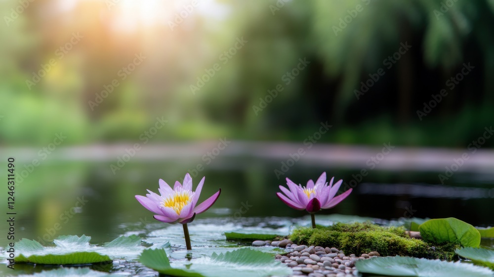 Beautiful lotus flowers bloom serenely on calm waters surrounded by lush greenery in a tranquil setting during sunset