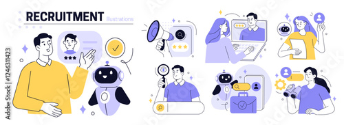 Hiring set. Characters use artificial intelligence technology for business recruitment process, job searching, interview, writing cv. Human recourses concept. Vector illustration.