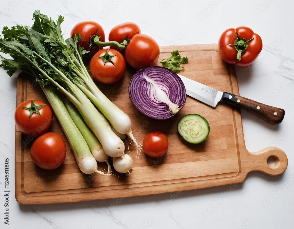 Rustic wooden cutting board, natural wood grain, kitchen essentials, food prep, fresh vegetables, restaurant branding, menu design, culinary photography, white background. Ai generated image.