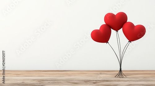 Three Red Heart Balloons on Wooden Surface Against White Wall