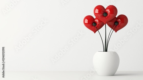 Three Red Heart Balloons in White Vase Minimalist Romantic Decor