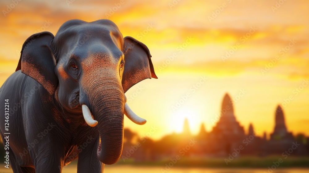 Fototapeta premium Majestic elephant near temple at sunset creating a stunning view in the wilderness