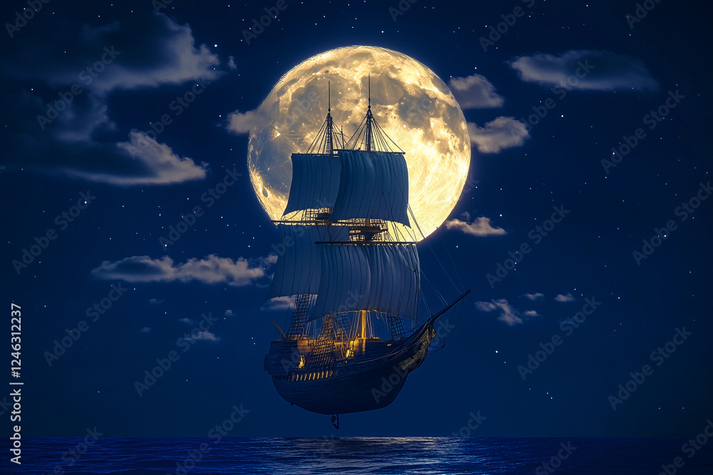 Naklejka premium Sailing on a moonlit sea with a vintage ship against a starry sky at night
