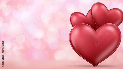 Three Red Hearts on Pink Bokeh Background