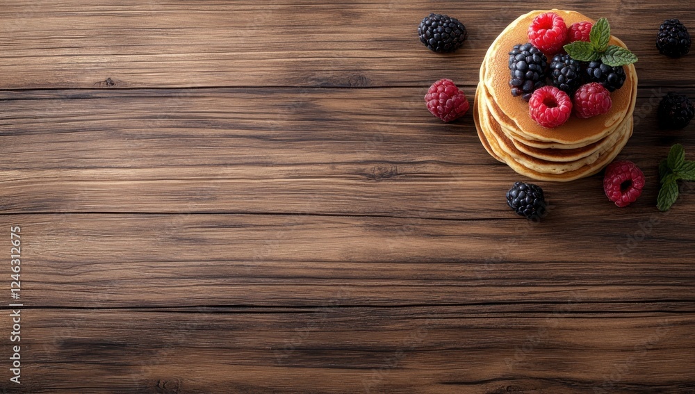 Delicious Pancakes with Berries on Wooden Table Delicious Pancakes with Berries on Wooden Table