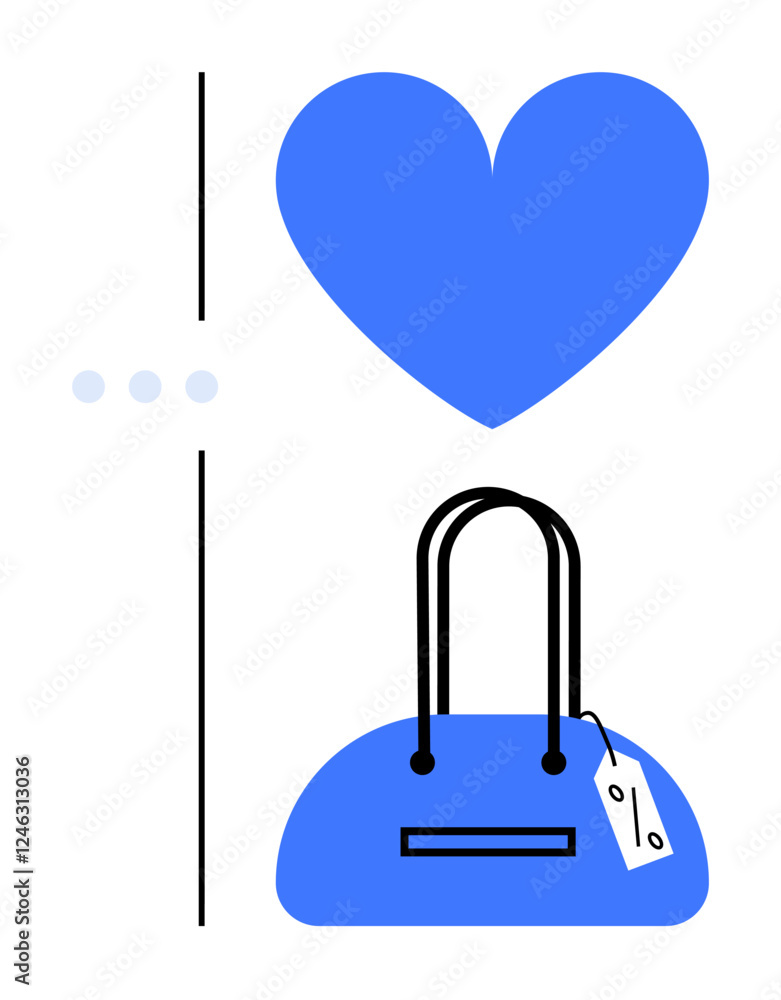 Blue heart above a blue handbag with a price tag connected by a vertical line. Ideal for online shopping, love for fashion, discount sales, consumer habits, retail marketing, e-commerce, brand Blue heart above a blue handbag with a price tag connected by a vertical line. Ideal for online shopping, love for fashion, discount sales, consumer habits, retail marketing, e-commerce, brand
