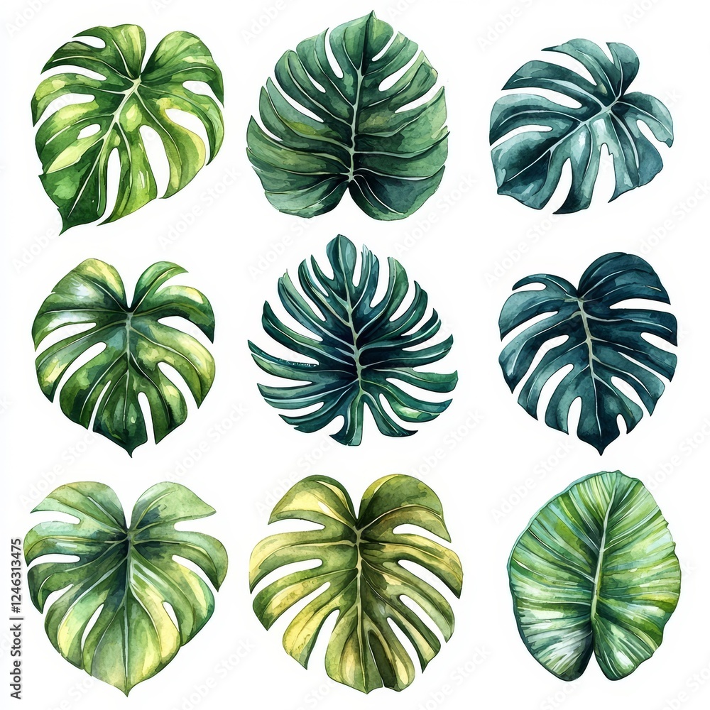Fototapeta premium Vibrant Watercolor Monstera Leaf Collection on Soft White Background