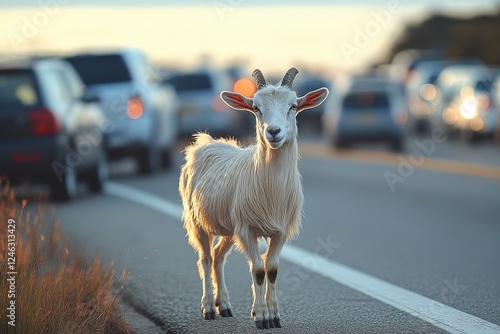 Goat calmly wanders along the highway as vehicles pass by during golden hour in a rural area photo