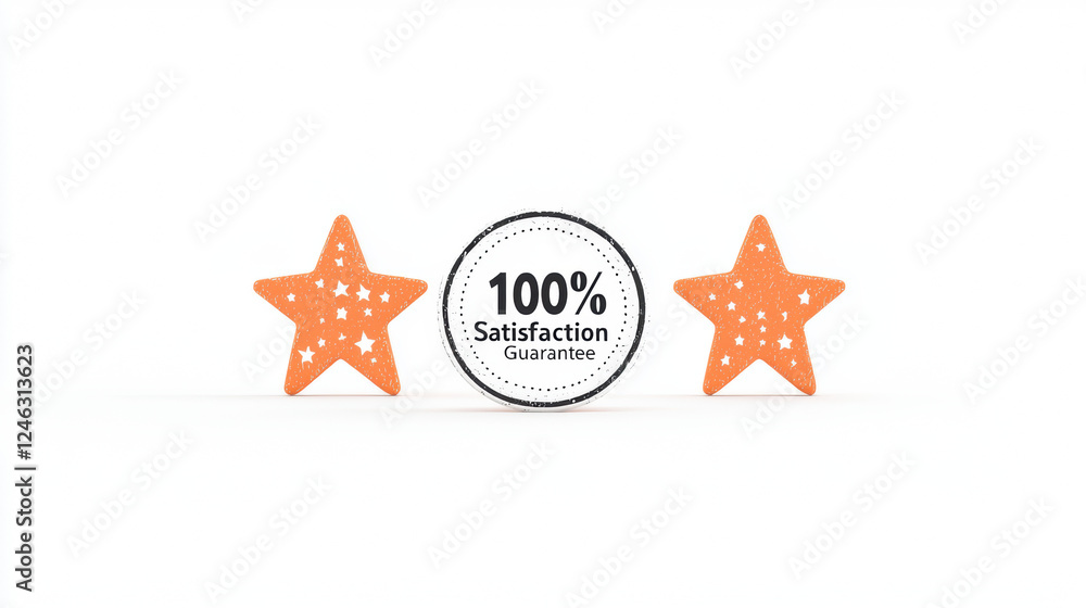 Orange stars and circular badge with 100% satisfaction guarantee, symbolizing quality and assurance in products. bright and cheerful display for marketing Orange stars and circular badge with 100% satisfaction guarantee, symbolizing quality and assurance in products. bright and cheerful display for marketing