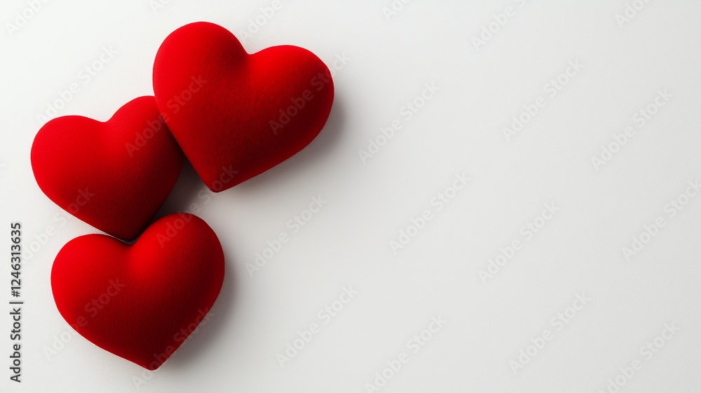 Three Red Velvet Hearts on White Background Three Red Velvet Hearts on White Background