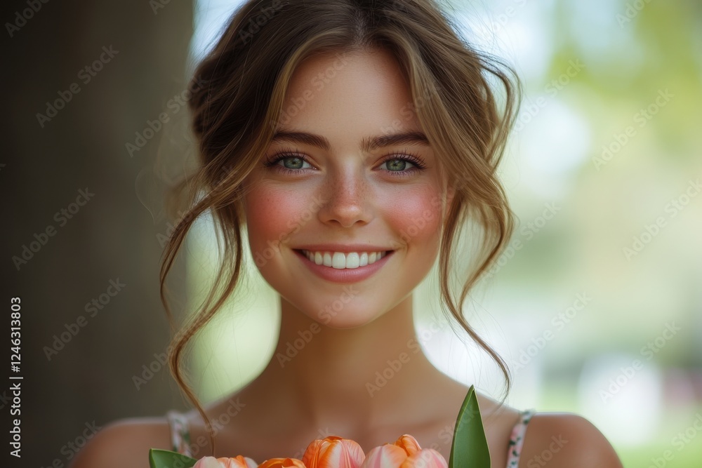 Cheerful young woman smiles while holding a bouquet of tulips in a sunny park during springtime Cheerful young woman smiles while holding a bouquet of tulips in a sunny park during springtime