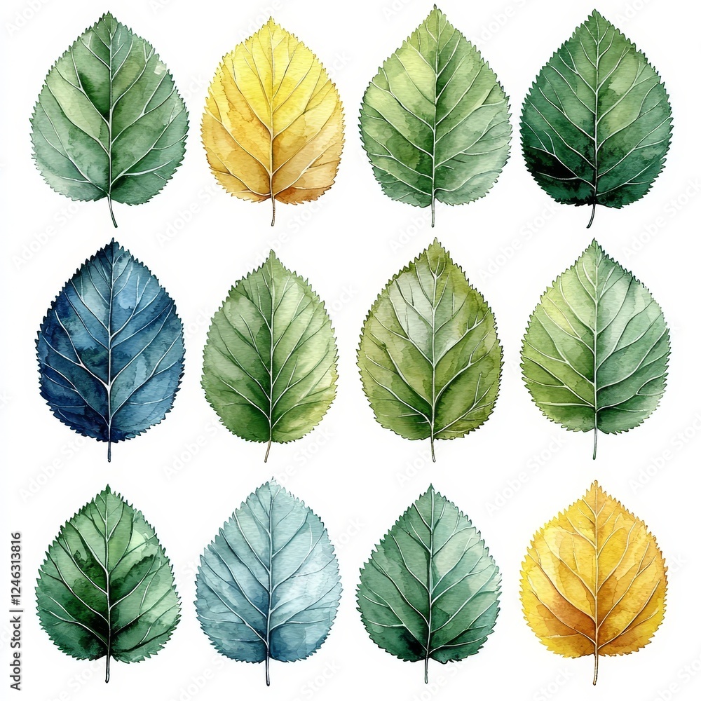 Obraz premium Delicate Watercolor Aspen Leaves in Shades of Green and Pale Yellow on White Background