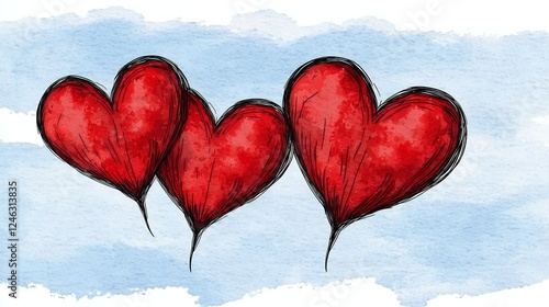 Three Red Watercolor Heart Balloons on Light Blue Background