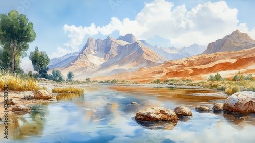 river jordan biblical time watercolor painting of a river in the middle of the mountains