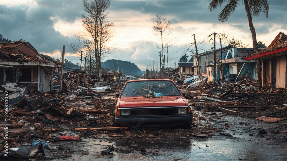 Devastation in a small town after a severe storm leaves destruction and debris strewn across streets and homes Devastation in a small town after a severe storm leaves destruction and debris strewn across streets and homes