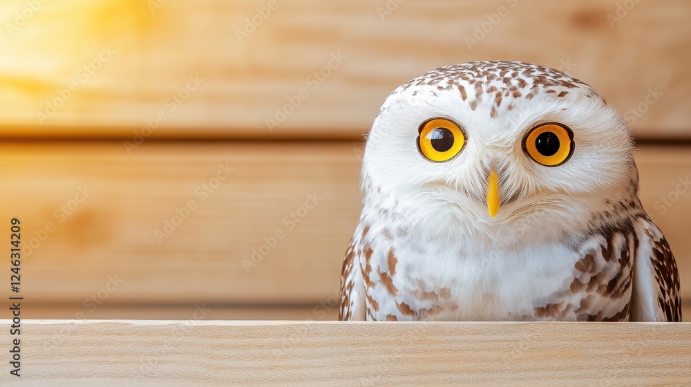 Obraz premium Owl with striking yellow eyes perched on a wooden surface in warm outdoor lighting during late afternoon