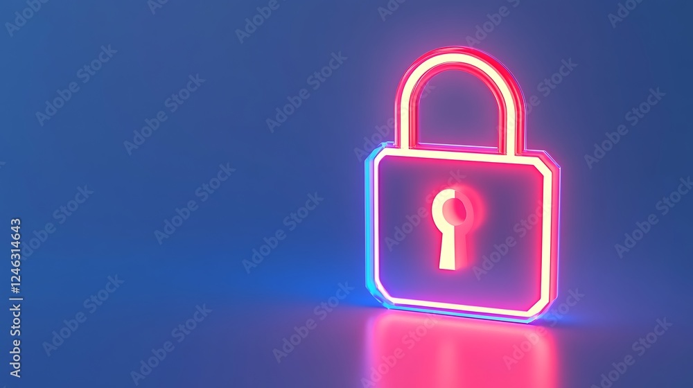 Neon glowing padlock icon illuminated in blue and pink light, representing security and protection in digital imagery Neon glowing padlock icon illuminated in blue and pink light, representing security and protection in digital imagery