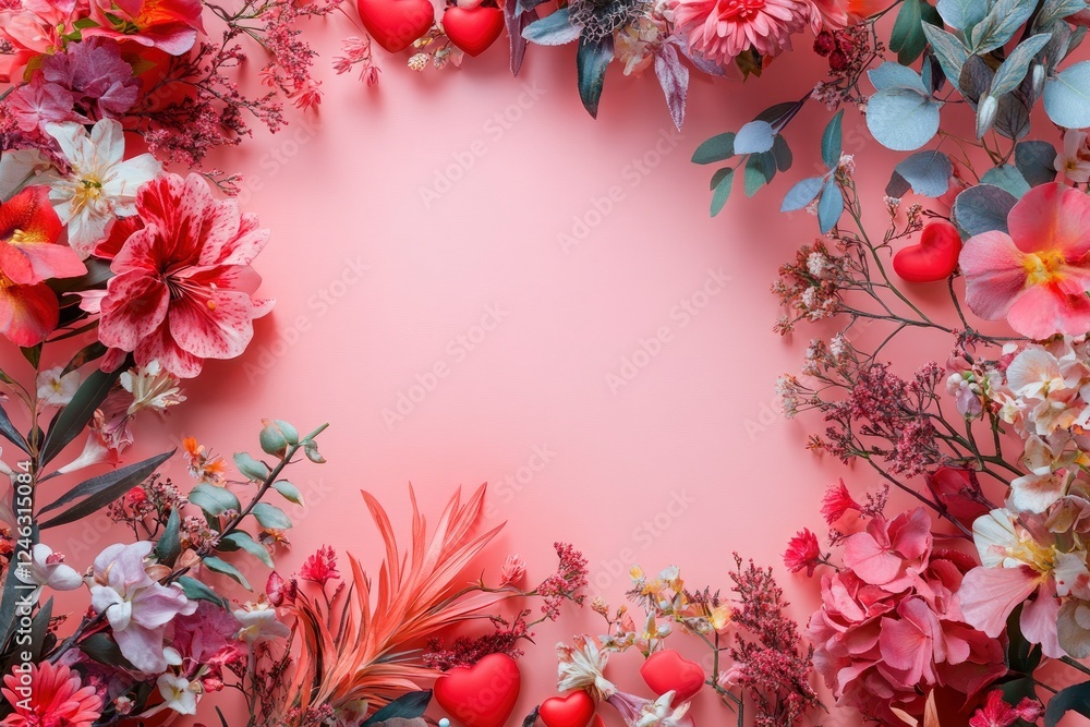 Romantic Dragon-Themed Valentine’s Day Background with Red Hearts and Floral Arrangement Romantic Dragon-Themed Valentine’s Day Background with Red Hearts and Floral Arrangement