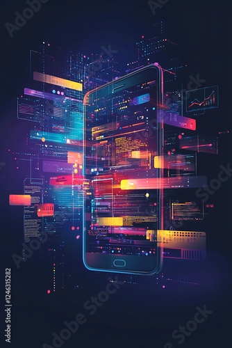 Mobile website development technology, featuring a phone screen showing internet page layout design, web coding, and smartphone app development