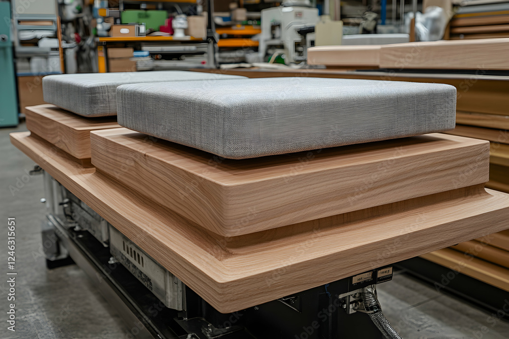 Close-up of meticulously crafted wooden bench seats with light grey fabric cushions, showcasing fine woodworking and upholstery in a workshop setting. Close-up of meticulously crafted wooden bench seats with light grey fabric cushions, showcasing fine woodworking and upholstery in a workshop setting.