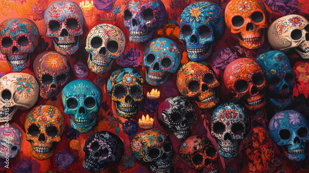 A stunning array of hand-painted DÃa de los Muertos skulls, each adorned with delicate floral motifs, swirling patterns A stunning array of hand-painted DÃa de los Muertos skulls, each adorned with delicate floral motifs, swirling patterns