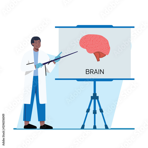 A male doctor points to a brain image on a flip chart Perfect for medical, science, or educational materials