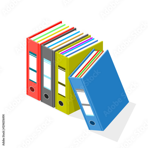 Isometric A4 Business Financial Folder Icons In a Row - Color vector illustration