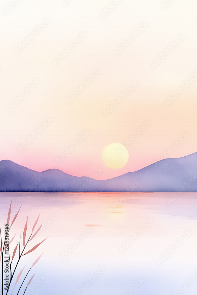 Fototapeta premium tranquil dusk over a serene lake watercolor