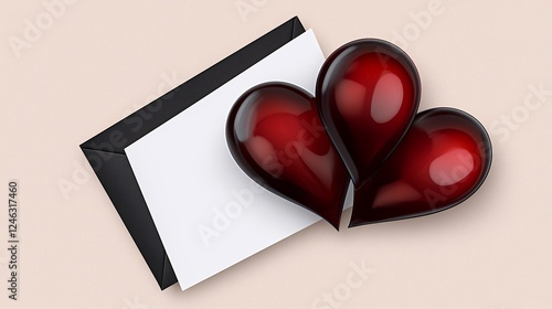 Two Glossy Red Hearts on Blank Card in Black Envelope