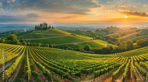 Wallpaper Mural Serene sunset over rolling vineyard hills with lush green rows and distant mountains Torontodigital.ca
