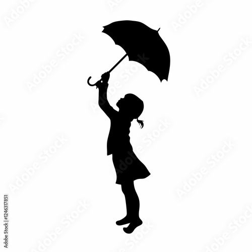 A Little Girl Standing With Umbrella Vector Black color Silhouette AI Generated Vector