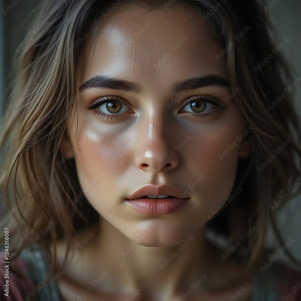 Fototapeta premium Stunning Closeup Portrait of a Young Woman with Brown Eyes