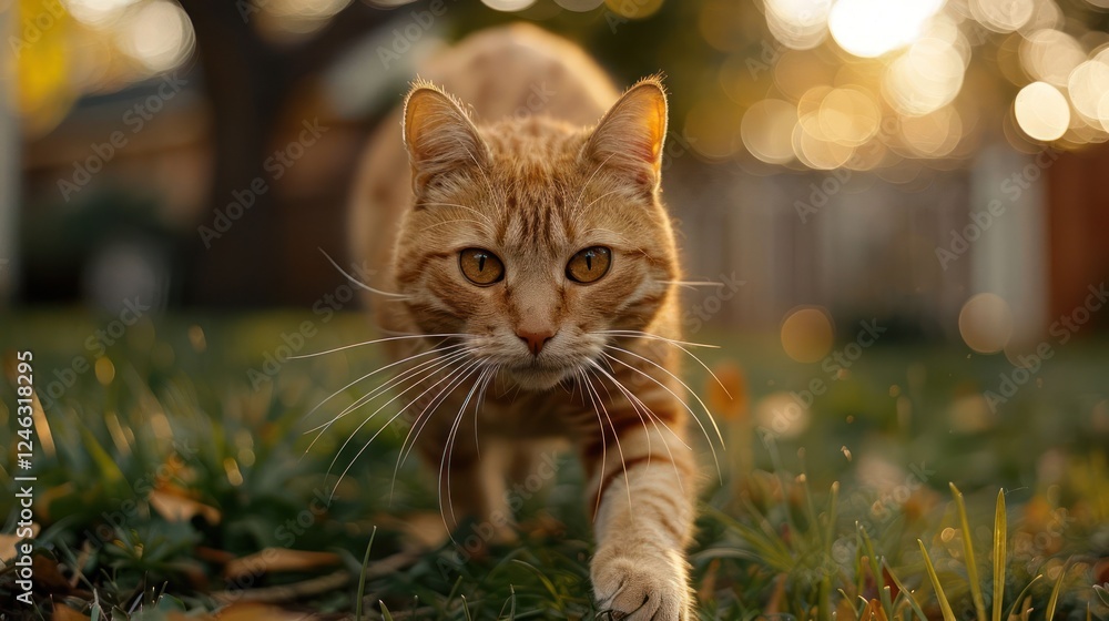 A curious orange tabby cat prowling through a sunlit garden with autumn leaves A curious orange tabby cat prowling through a sunlit garden with autumn leaves